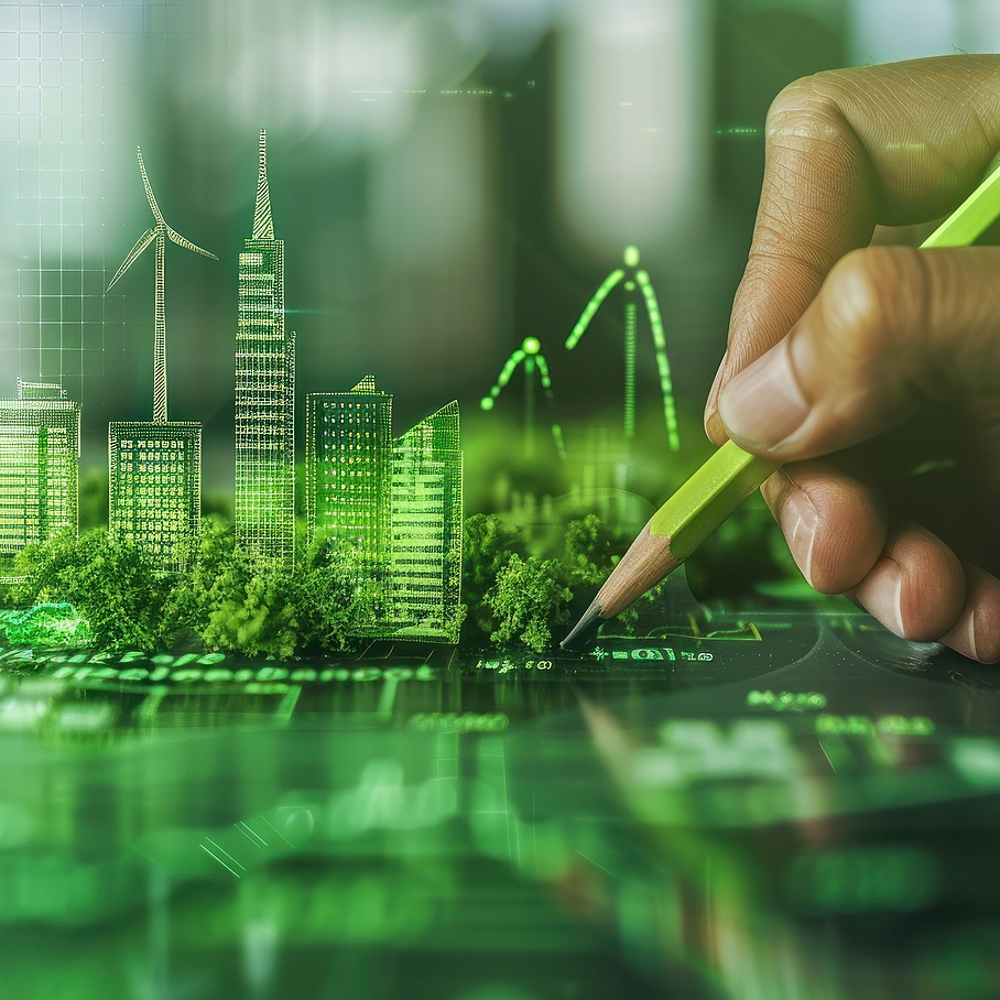 Hand mit Bleistift skizziert eine digitale Skyline mit Hochhäusern und Windrädern, ESG Umwelt-Soziale-Governance-Anzeige auf einem Papierdiagramm, kleine grüne Bäumchen, grüner Hintergrund