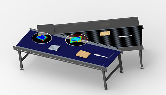 A computer graphic shows various mail items on a conveyor belt