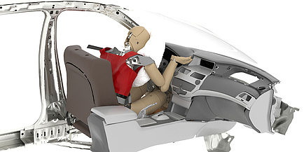 Simulation eines Crashtests, Virtueller Dummy prallt in einem Auto gegen den Airbag 