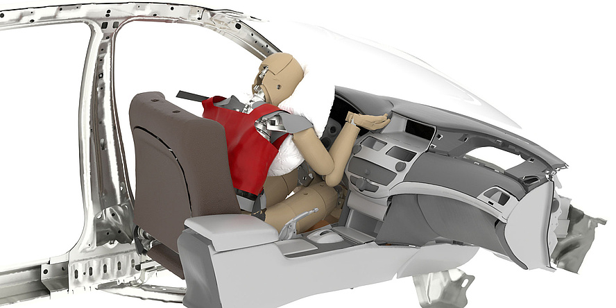 Simulation eines Crashtests, Virtueller Dummy prallt in einem Auto gegen den Airbag 