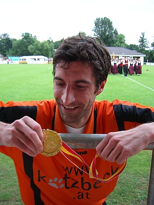 An exhausted but pleased Thomas Leitgeb after winning the regional Soccer Championship for USV Sattler Rudersdorf for the first time since 1984.