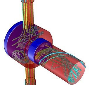 Simulation with fluent of the air flow going from the suply module through the LLP-type injector towards the combustor. Picture courtesy of Wolfgang Lang.