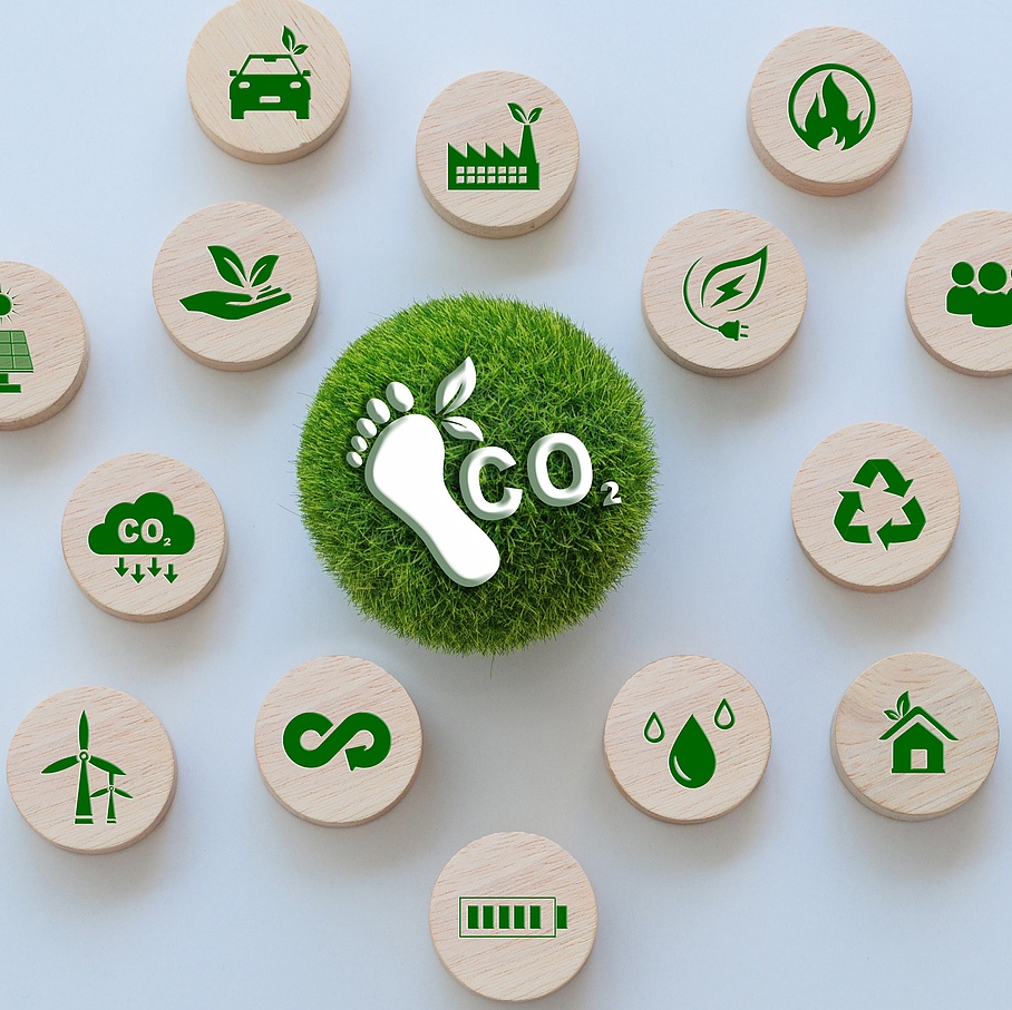 Das Bild zeigt ein zentrales CO₂-Fußabdruck-Symbol, umgeben von 14 Holzscheiben mit grünen Icons zu Umweltthemen wie erneuerbare Energien, Recycling, Wasser, Mobilität und nachhaltigem Handeln. 
