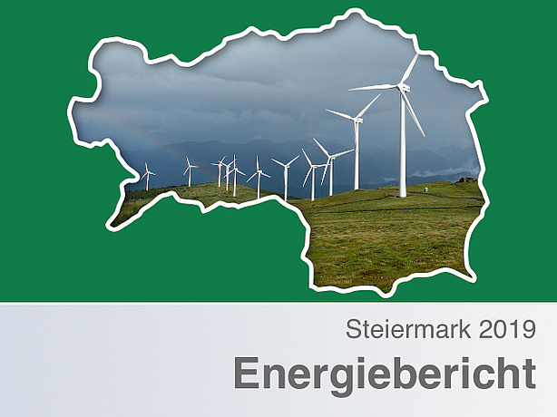 Photo montage of wind power plants on the Koralpe overlaid by the outline of Styria.