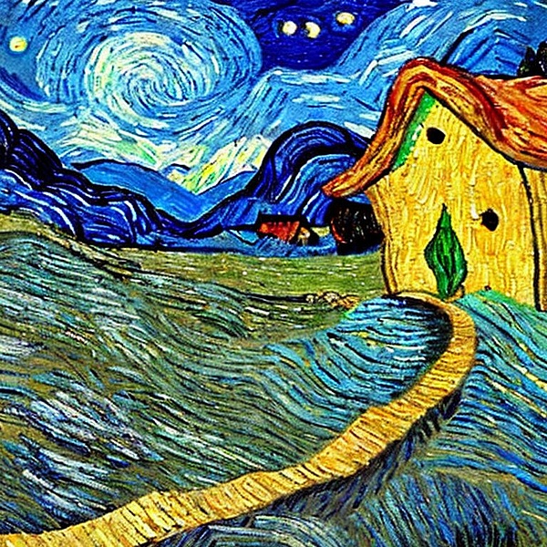 Eine Berghütte in den Alpen im Stil von Vincent van Gogh.