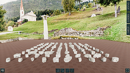 Die virtuellen Bruchstücke der Altarplatte liegen auf dem Boden, im Hintergrund der Originalfundort im Lavant.