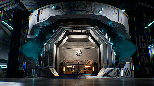 Graphic from a computer game showing a futuristic lift.