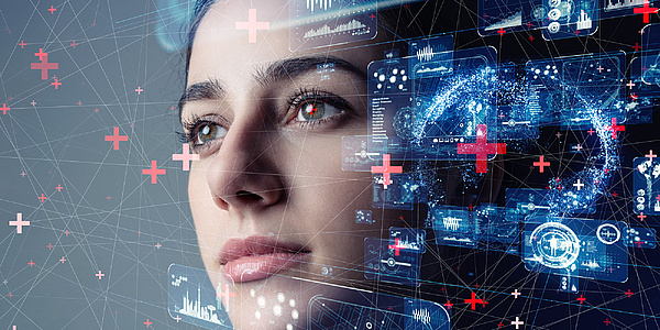 Face of a woman next to computer animations