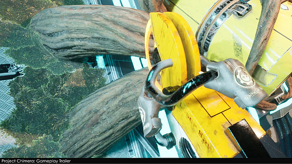 Graphic from a computer game showing hands holding a yellow circular saw that is sawing up thick roots.