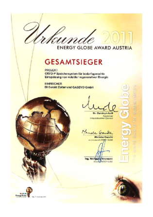Gerald Zotter received the Energy Globe Award Austria for his Diploma Thesis on "Cryo-P System for Volatile Regenerative Energy Storage" together with Werner Hermeling from GASEVO GmbH (Thesis Supervisor: Wolfgang SANZ)