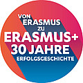 Erasmus Jubiläumslogo in Blau, Orange und Pink mit dem weißen Schriftzug „Von Erasmus zu Erasmus + 30 Jahre Erfolgsgeschichte“.