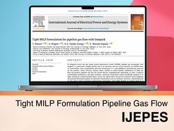 Ein Laptop zeigt die Titelseite eines wissenschaftlichen Artikels mit dem Titel "Tight MILP Formulation Pipeline Gas Flow with Linepack" aus der Zeitschrift "International Journal of Electrical Power and Energy Systems (IJEPES)". Der Artikel behandelt die Modellierung des Gasflusses.