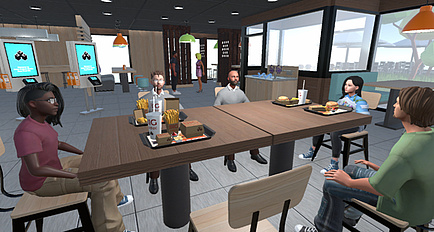 An image from a computer simulation. A table in a coffee house with five people sitting at it. There are drinks and food on the table.