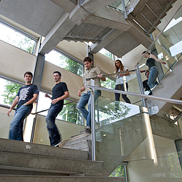 Several people walking down the stairs. Photo source: Lunghammer - TU Graz