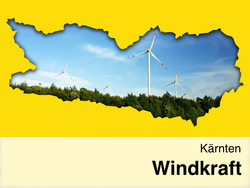 Umriss von Kärnten mit einem Bild von Windkraftanlagen an einem sonnigen Tag, vor gelbem Hintergrund mit dem Text „Kärnten Windkraft“ darunter.