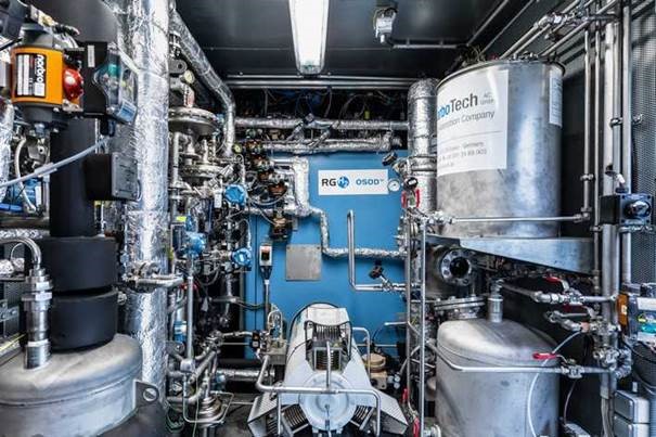 The inner workings of the OSOD H2 generator. The blue cuboid is the core development: a gas furnace with four tubular reactors in which the chemical looping process for hydrogen production takes place (Photo RGH2 in magazine KLIPP, June/July 2020).