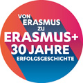 Erasmus Jubiläumslogo in Blau, Orange und Pink mit dem weißen Schriftzug „Von Erasmus zu Erasmus + 30 Jahre Erfolgsgeschichte“.