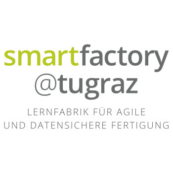Text im Bild: smartfactory @tugraz. Lernfabrik für agile und datensichere Fertigung