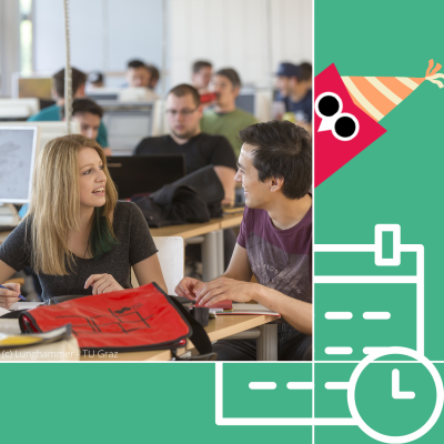 Zwei Studierende unterhalten sich in einem Lernzentrum, während im Hintergrund andere Studierende an PCs arbeiten. Zusätzlich wird vor dem Bild ein Kalender-Icon eingeblendet.