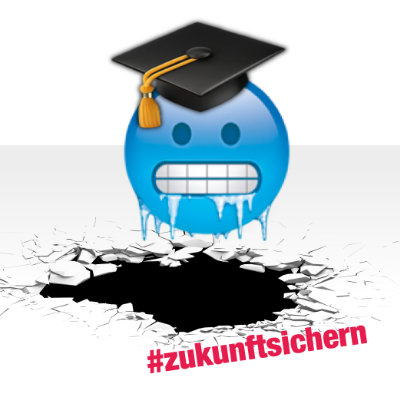 Ein frierendes Emoji über einem Eisloch. Text: #zukunftsichern