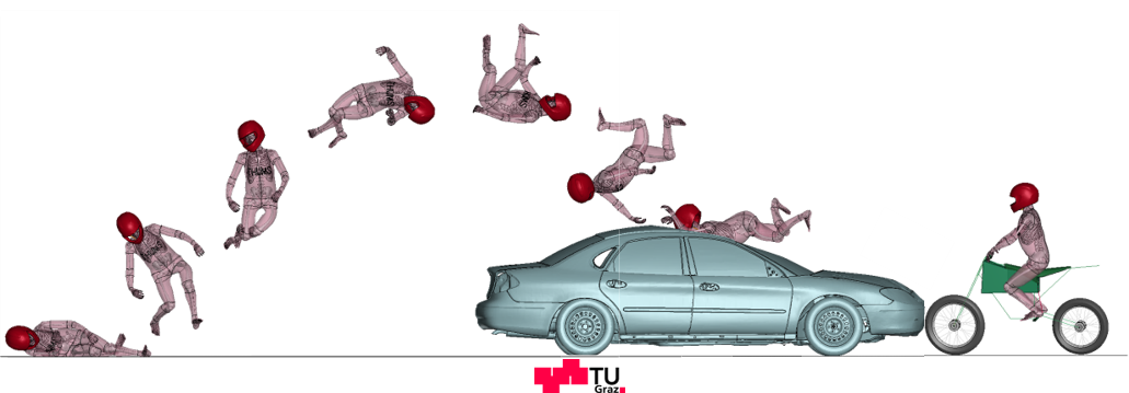 Computersimulation eines Mopedfahrers, der über ein Auto fällt