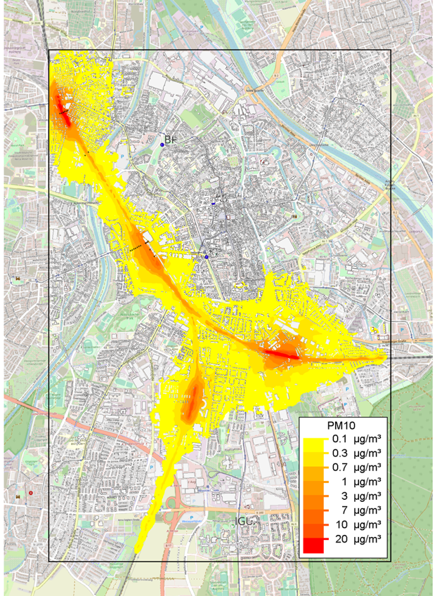 The map of the city of Augsburg with red and yellow markings showing where and how much train emissions are generated.