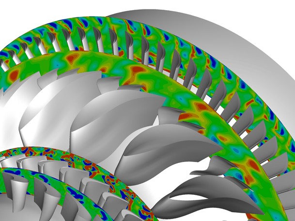 Computergrafik, die in grün, orange und rot die Strömung in einem Triebwerk darstellt.