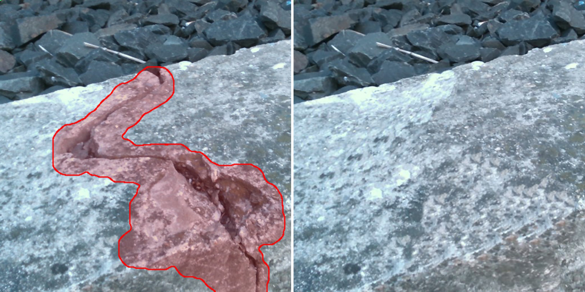 Zwei Bilder von einem Stein werden nebeneinander angezeigt. Auf dem linken Bild ist ein Riss im Stein, der mit einer roten Umrandung markiert worden ist. Auf dem rechten Bild ist der Riss verschwunden und der Stein sieht unversehrt aus.