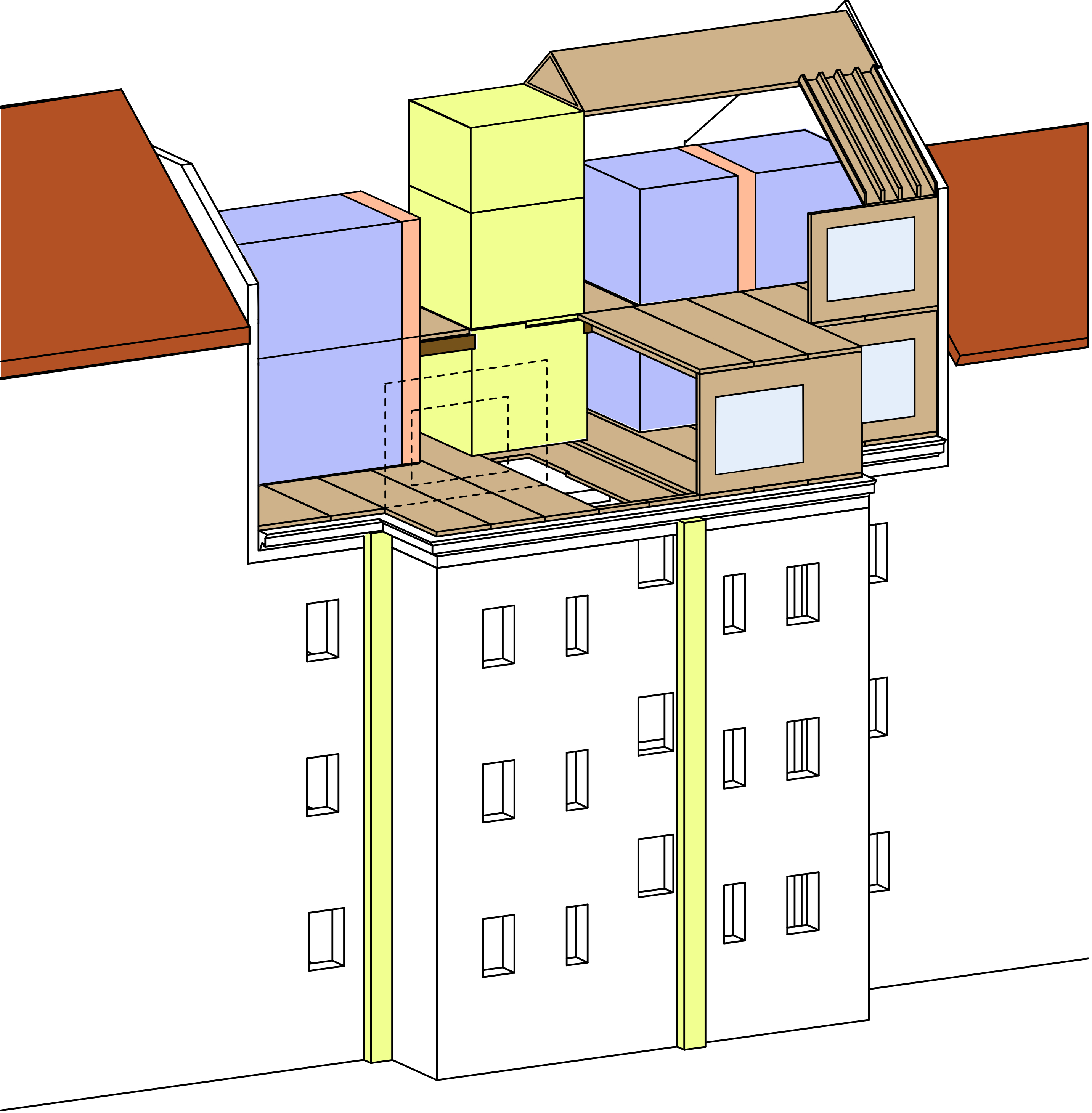 Computergrafik eines Haus-Dachgeschoßes, das mit Modulen aufgestockt worden ist.