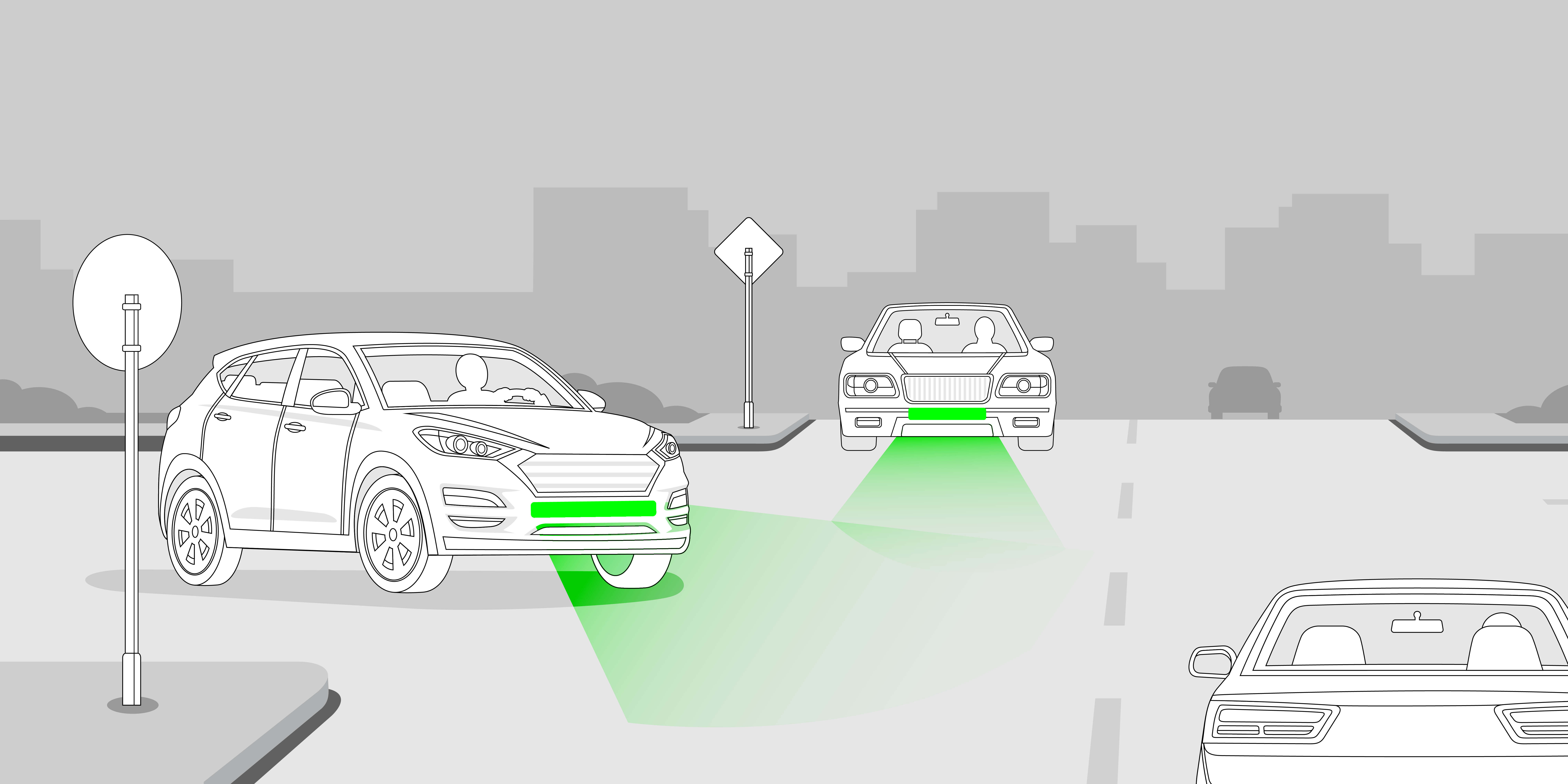 Grafik einer Straßensituation, bei der drei Autos an einer Kreuzung aufeinandertreffen. Die zwei Autos, die von vorne zu sehen sind, haben vorne grüne Bremslichter.