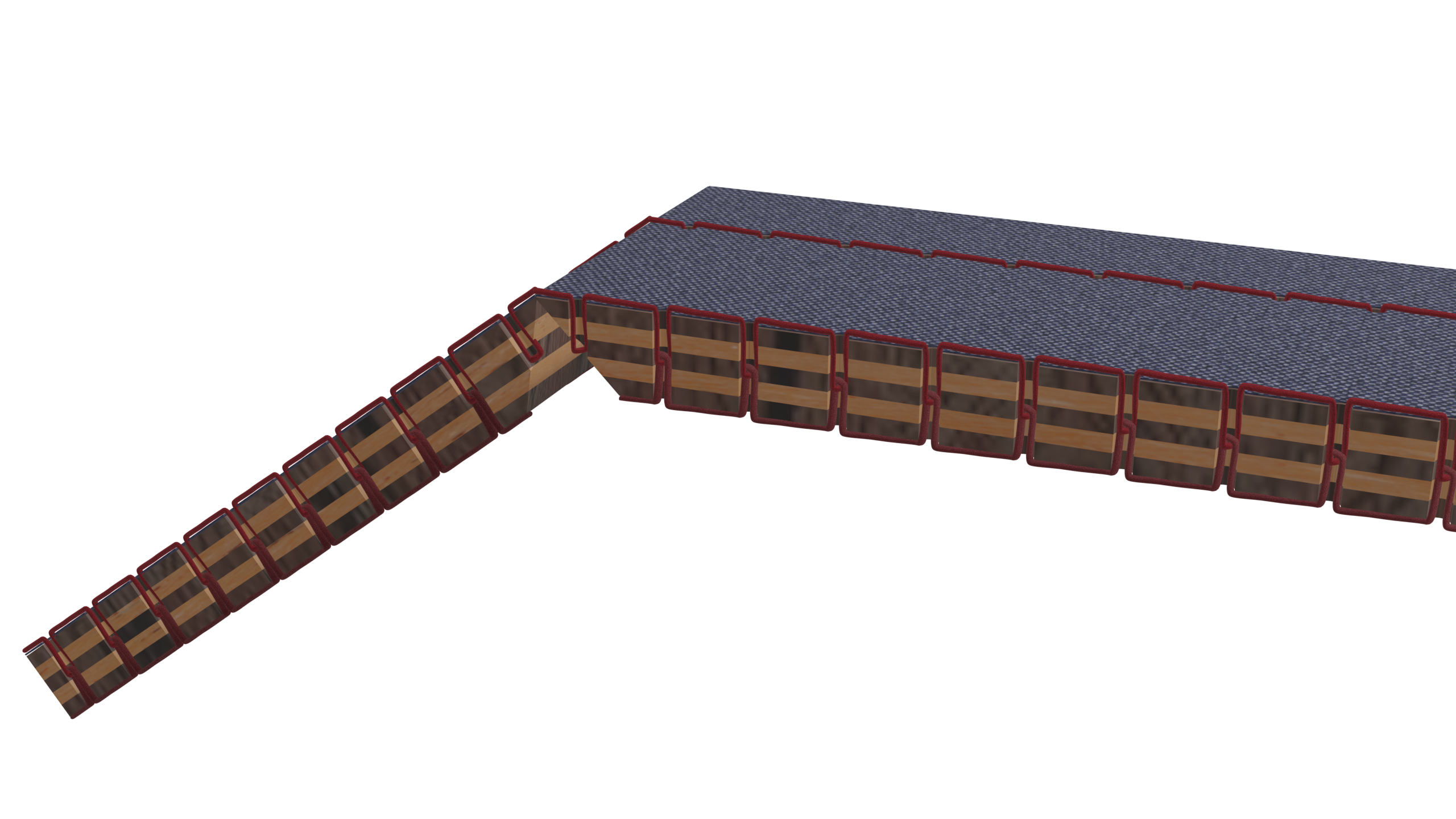 Computergrafik von Holzstücken, die so miteinander vernäht sind, dass zwischen ihnen eine Falz entsteht.