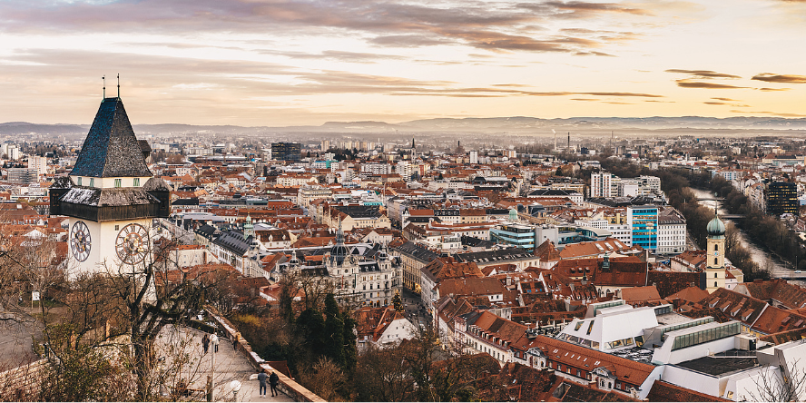 Clocktower and city center of Graz