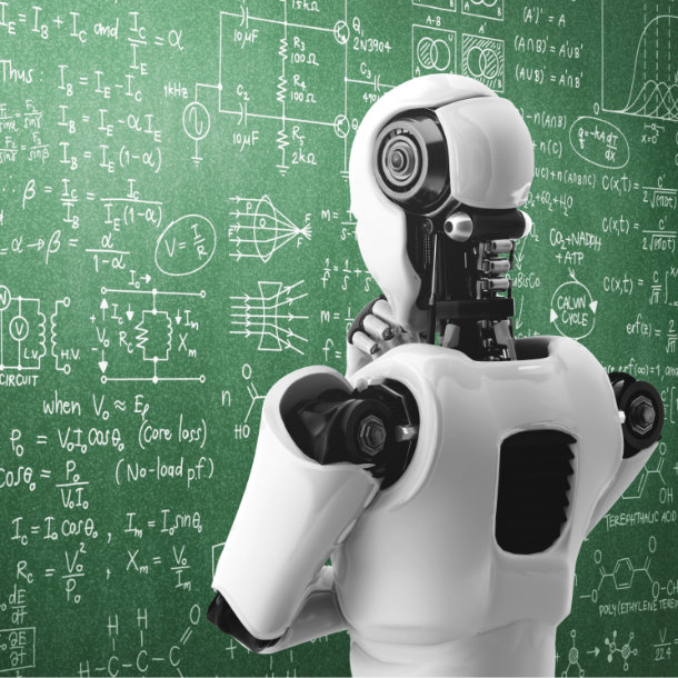 Robot in front of a blackboard with mathematical formulas