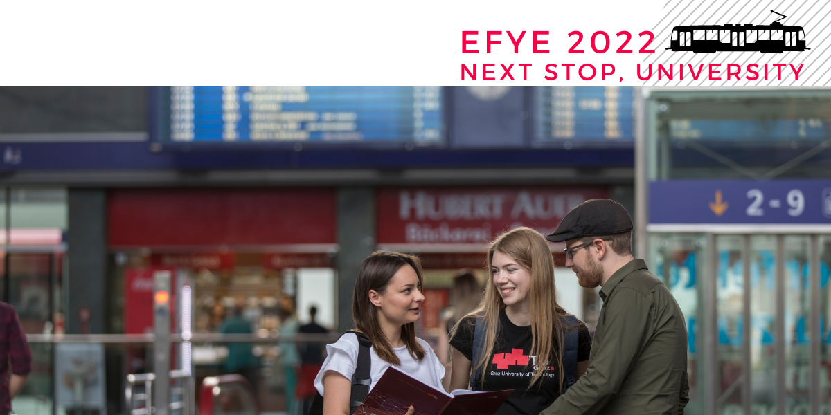 Studierende am Bahnhof. Text darüber: EEYE 2022. Next stop university.