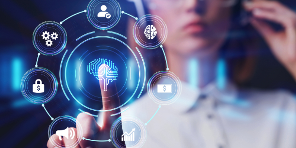 Artificial intelligence (AI), machine learning and modern computer technologies concepts. Business, Technology, Internet and network concept. 