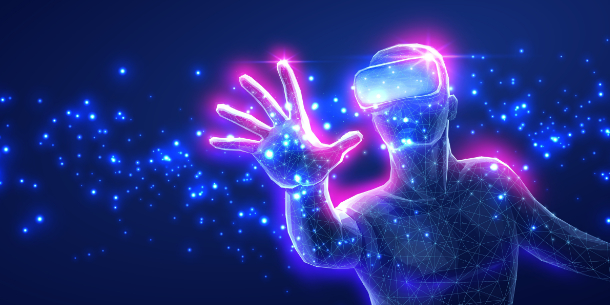 A man using a VR device for an immersive virtual experience in a metaverse.