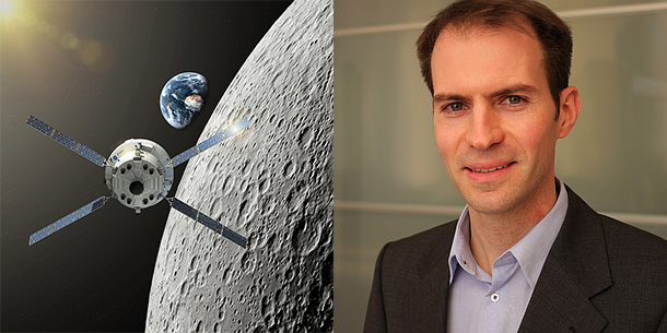 Artist's impression of the Orion spacecraft with ESA service module with moon and planet earth (left side) and Franz Teschl, Programme Lead "SpaceTech" (right side)