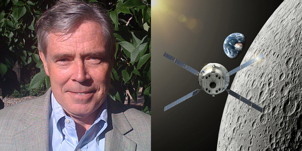 2 Bilder mit Wiley Larson links und rechts Orion Raumschiff mit Mond und Erde im Hintergrund rechts. 